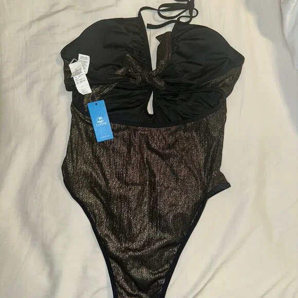 Cupshe Glisten Halter One-Piece Swimsuit, Black/Gold shimmer, Large - Picture 4 of 4